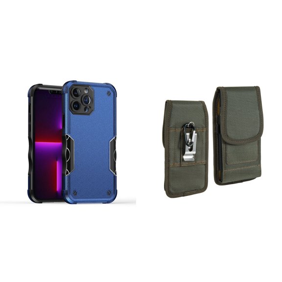 Case with Belt Holster Bundle for iPhone 14 Plus: Slim EX Hybrid Series Shockproof Case (Blue) and Vertical Rugged Nylon Phone Pouch (Midnight Green)