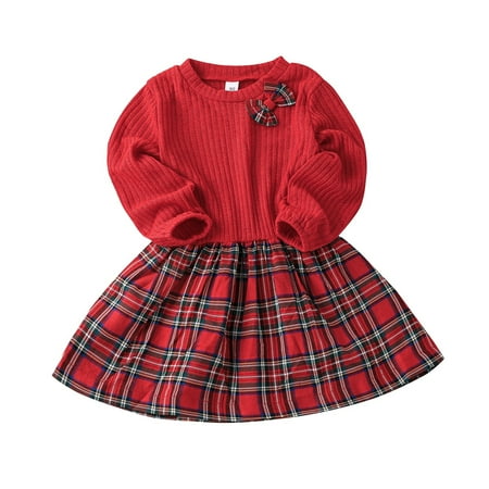 

Girls Tight Dress Princess Style Dress Toddler Kids Baby Girls Ribbed Long Sleeve Dress With Bowknot Patchwork Plaid Girl Dresses Sundress Wedding Dress for Teenager Girl Little Girl Casual Dress