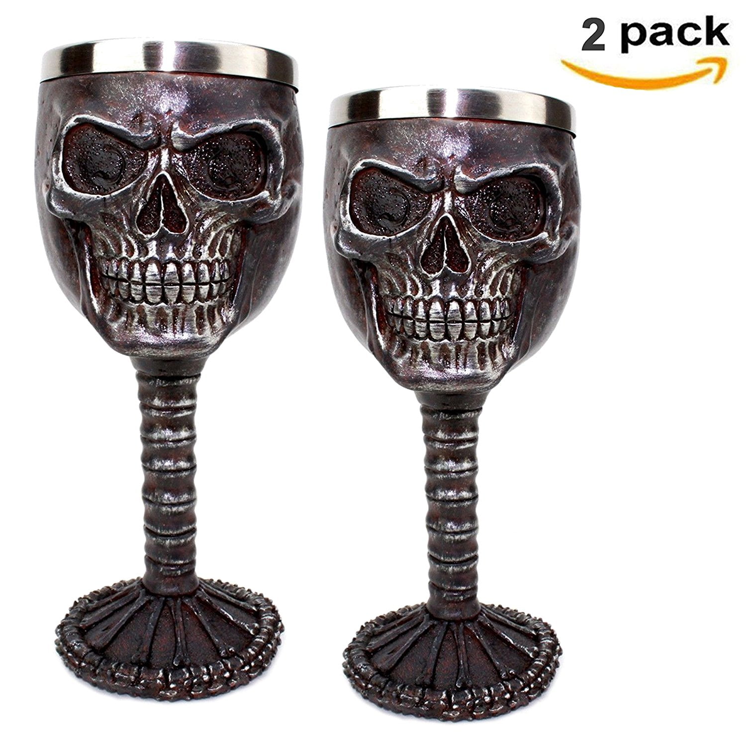 Set of 2 Black Halloween Skeleton Skull Bones Wine Glass Goblet Metal NEW 