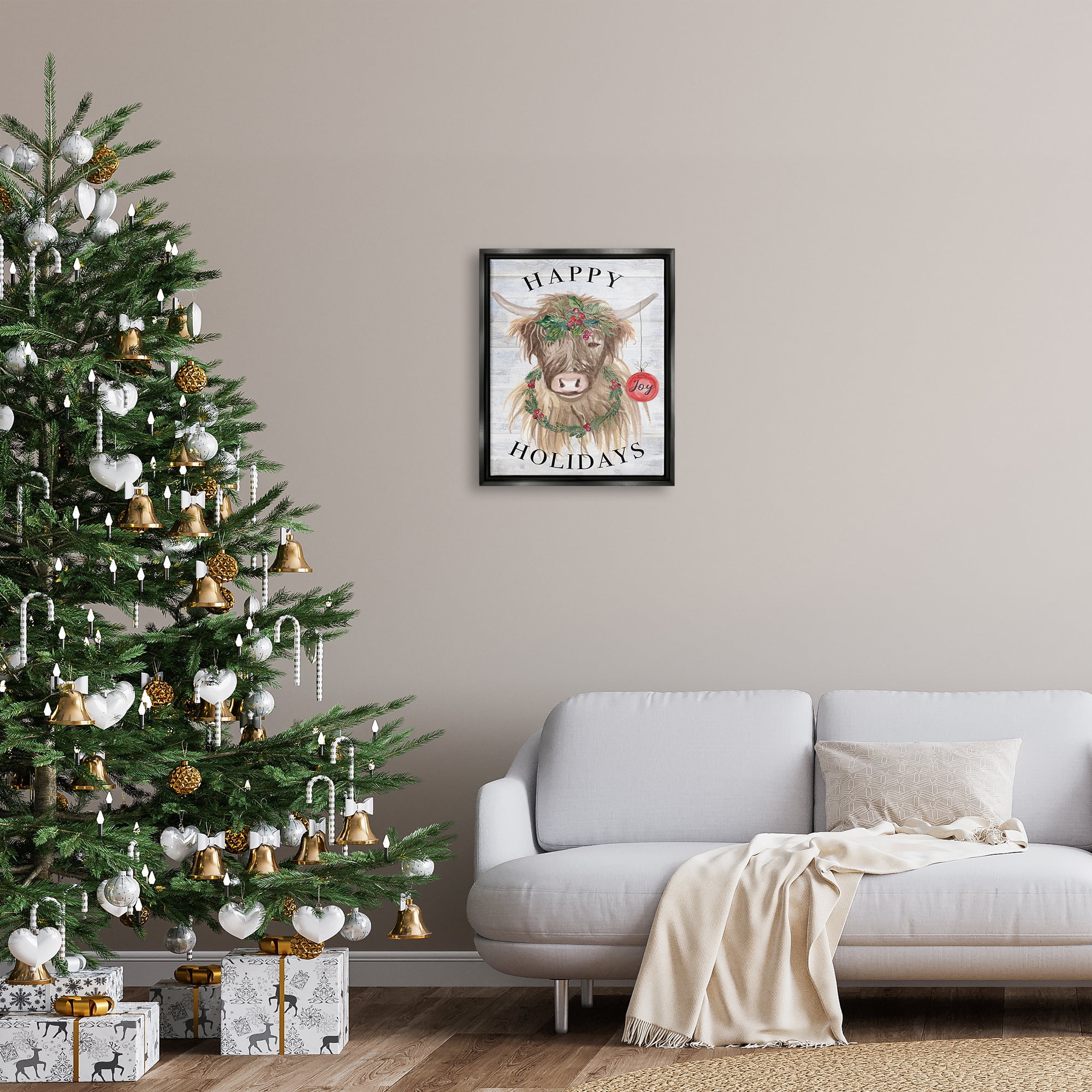 Stupell Industries Farmhouse Holiday Cow Holiday Painting Black Floater Framed Art Print Wall Art, 17 x 21