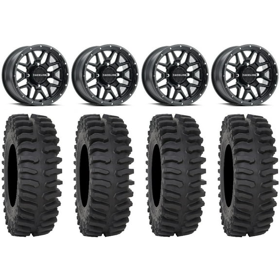 Raceline Krank 14" Black Wheels 28" XT400 Tires Can-Am Maverick X3 / Honda Pioneer 1000 / Talon