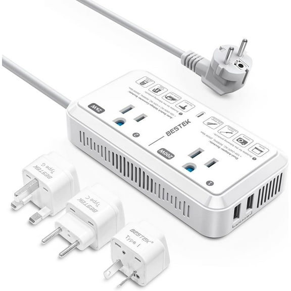 BESTEK 2000W Universal Travel Adapter with 3 EU/UK/AUS Plug Adapter, 220V to 110V Voltage Converter, US to Europe Travel Voltage Converter for Hair Dryer/Curling Iron ,White