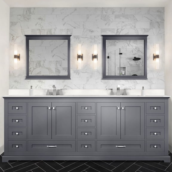 Dark Grey Double Bath Vanity 84"w X 22"d, White Quartz Top & Faucet, 34" Mirrors - And Stain- Surface Enhancement 84 In. 22 In., Faucet , 34 Scratch Stain Countertop