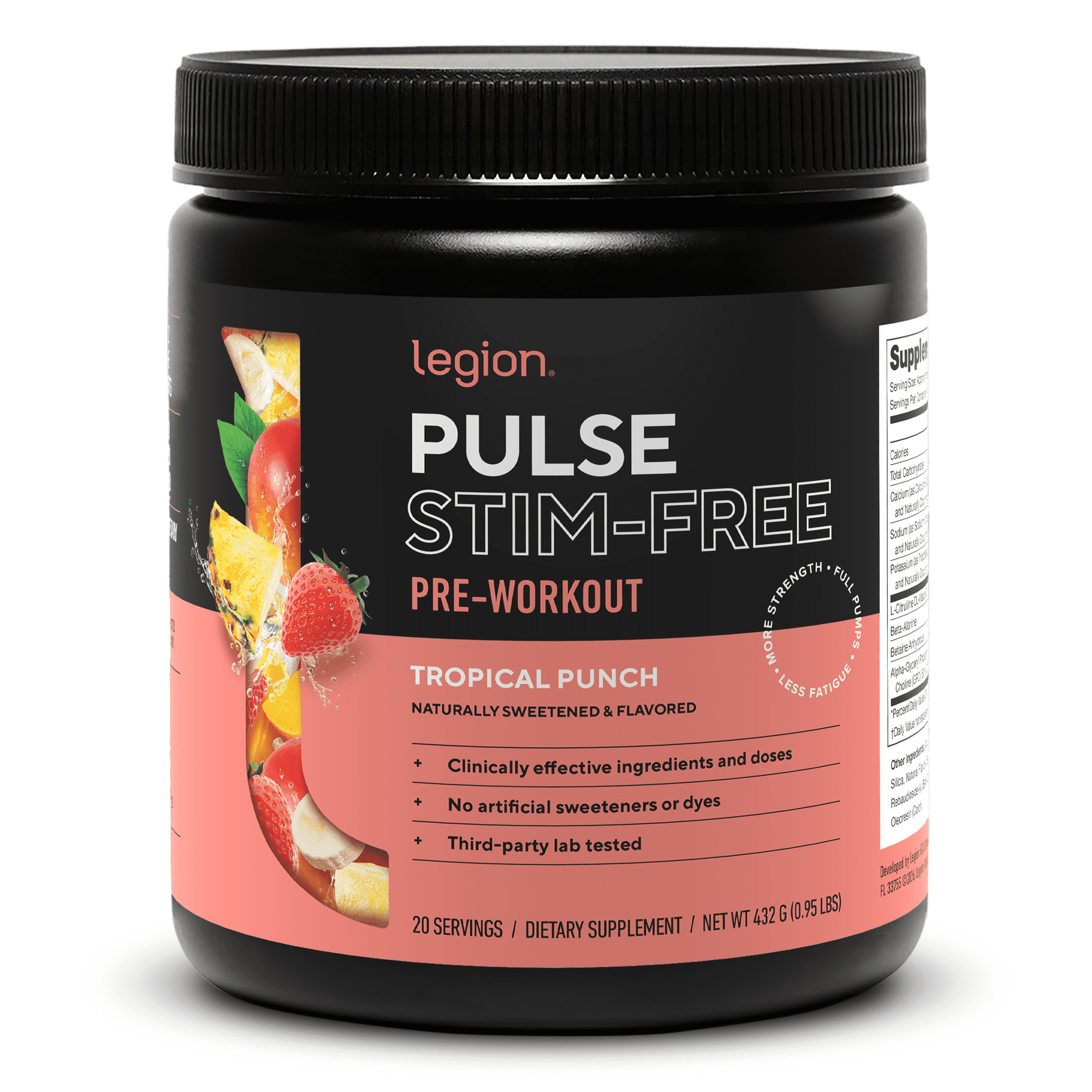 Legion Athletics Pulse Caffeine-Free L-Citrulline Malate Pre-Workout Supplement Powder, Tropical Punch, Increase Energy & Endurance, 20 Count