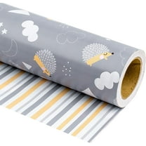 WRAPAHOLIC Reversible Baby Shower Wrapping Paper - Mini Roll - 17 Inch X 33 Feet - Cute Hedgehogs and Stripes Design for Birthday, Holiday, Party