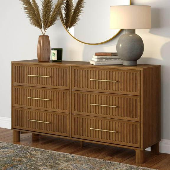Sera Fluted 6 Drawer Dresser with Brass Handle, Pecan