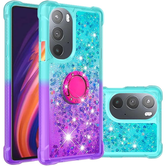 Cute Case for Motorola Edge 30 Pro/Edge   2022/Edge X30 with Ring Kickstand, Bling Gradient Quicksand Glitter Flowing Liquid Floating Case for Moto Edge X30/Edge 30 Pro JB Bluish Violet