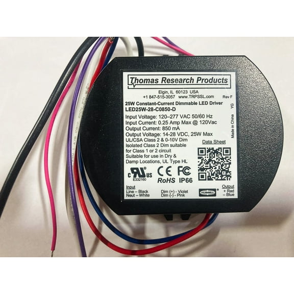 Hubbell Thomas Research Products LED25W-28-C0850-D Constant Current LED Driver, Dimmable, 25 watts, High Power Factor