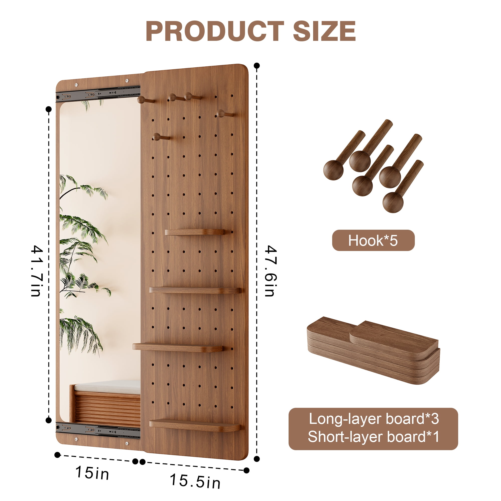 Leumius Wall Mounted Full Length Mirror,Full Body Mirror with Shelf,Multifunctional Wall Mounted Mirror with Hideable mirror for Entrance,Bedroom,Living Room,Walnut