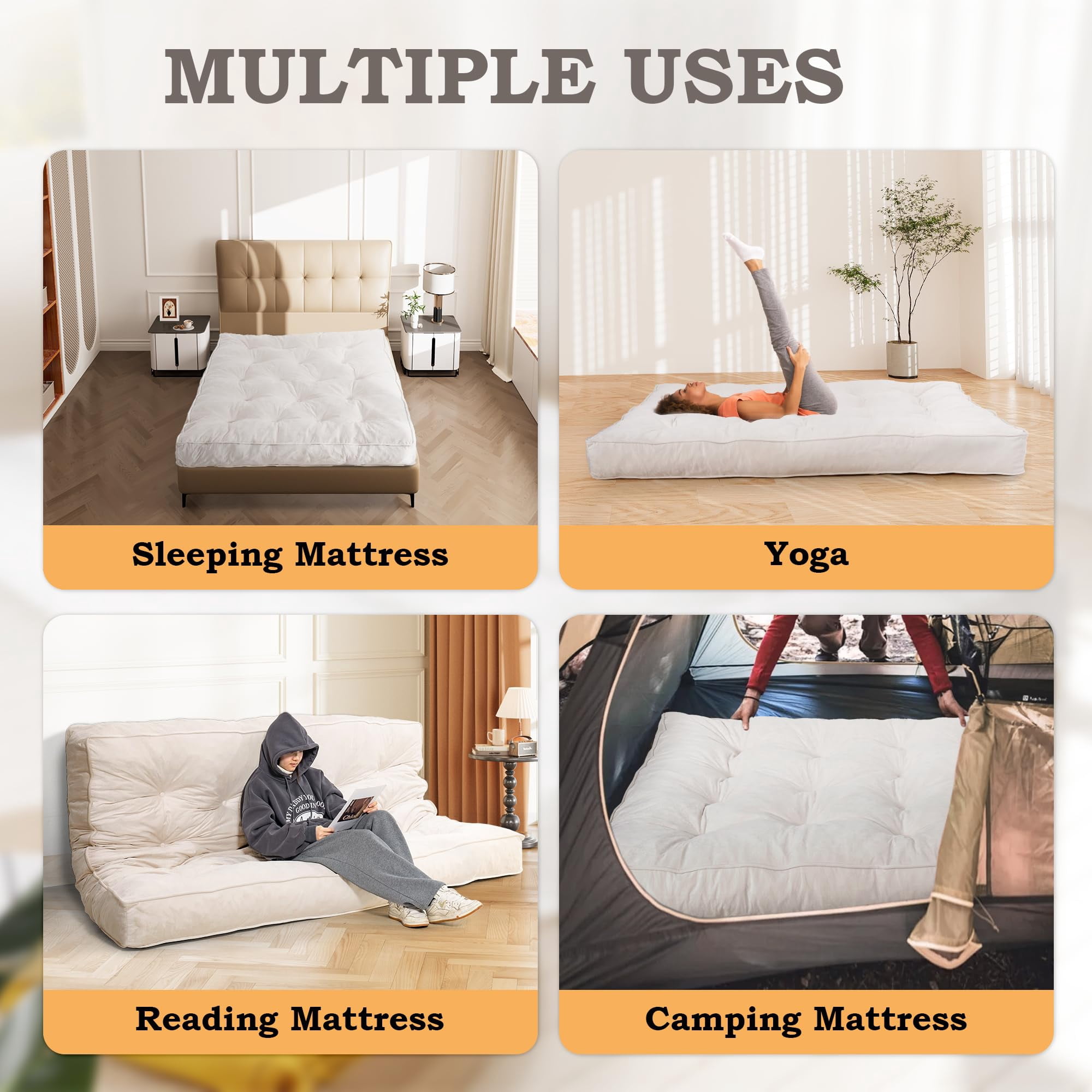8-inch Futon Mattress Full Size, Thick Futon Sofa Couch Bed Foldable Floor Sleeping Pad for Adults, Ultra-Soft Foam Floor Bed Mattress, Portable Velvet Tatami Mat, (Frame Not Included), White