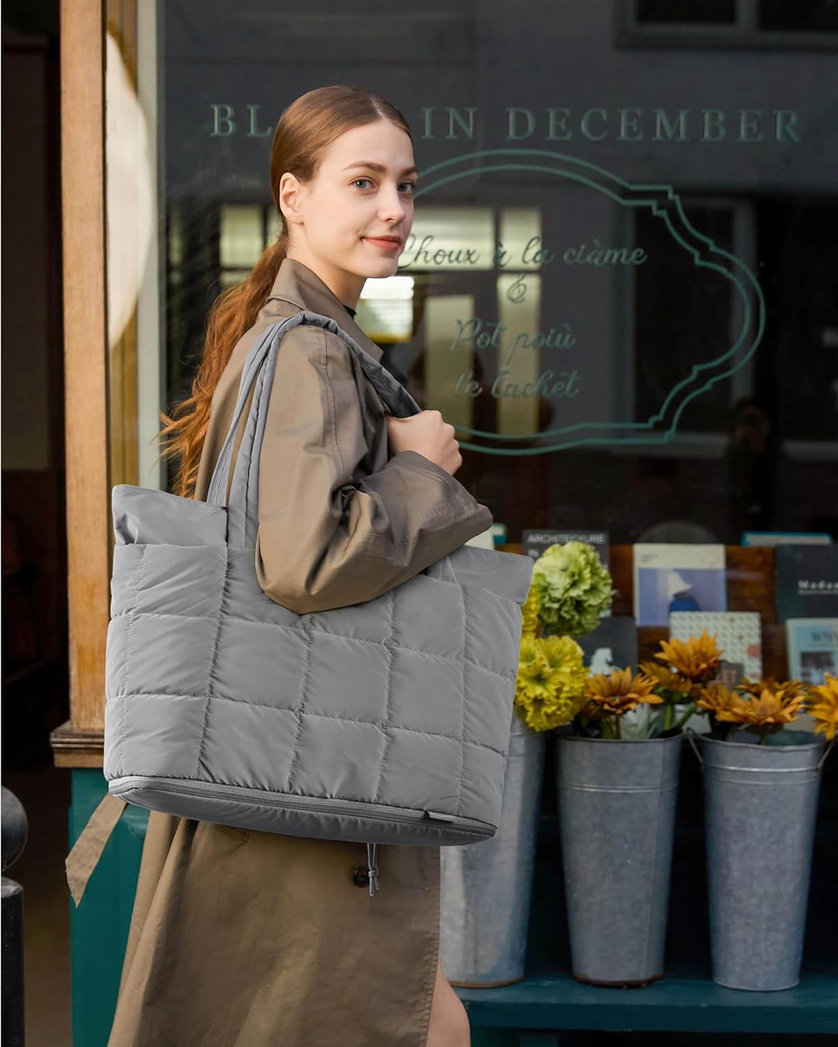 mirlewaiy Tote Bag for Women, Puffer Work Tote Handbag, Quilted Carry-On Travel Gym Bag(Grey)