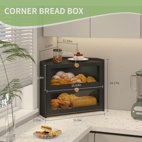 Black Corner Bread Box for Kitchen Countertop, Large Bread Container Storage Bamboo Wooden Farmhouse Bread Box with Window Bread Holder