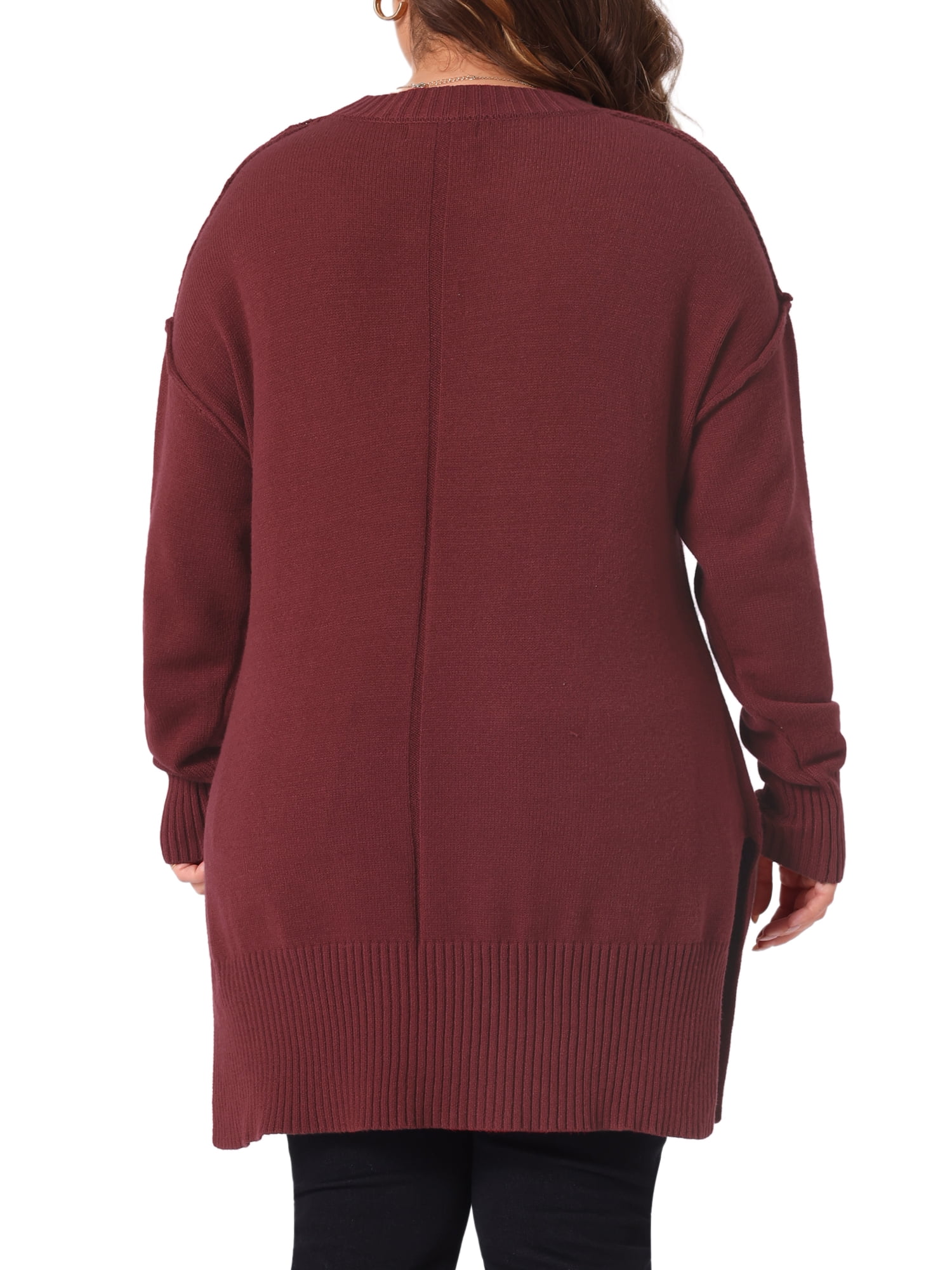 DARING DIVA Women's Plus Crew Neck Long Sleeve Slit Hem Pullover Sweater 3X Burgundy
