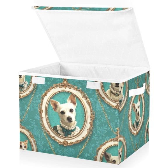 Foldable Fabric Storage Bin With Handle Collapsible Basket Box Storage With Lid Organizer Adorable Little Dog Wearing Victorian