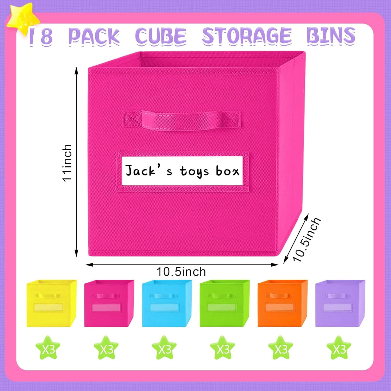 18Pcs Colorful Cube Storage Bin 11in Rainbow Fabric Cube Basket with Label Window and Handle Fun Colored Foldable Storage Cube for Toy Storage Nursery Classroom Living Room (Bright Color)