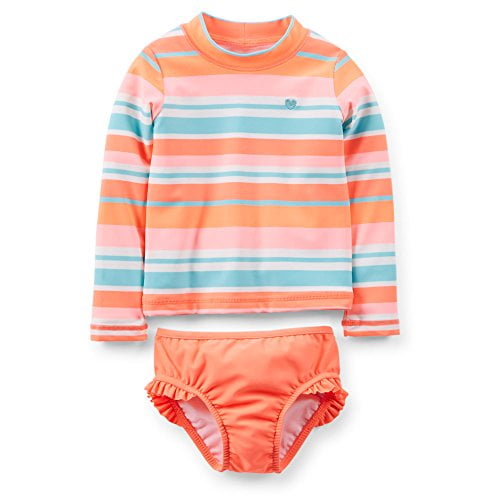Carter's Little Girls' 2 Piece Striped Swim Rashguard Set- 4K, Neon Orange