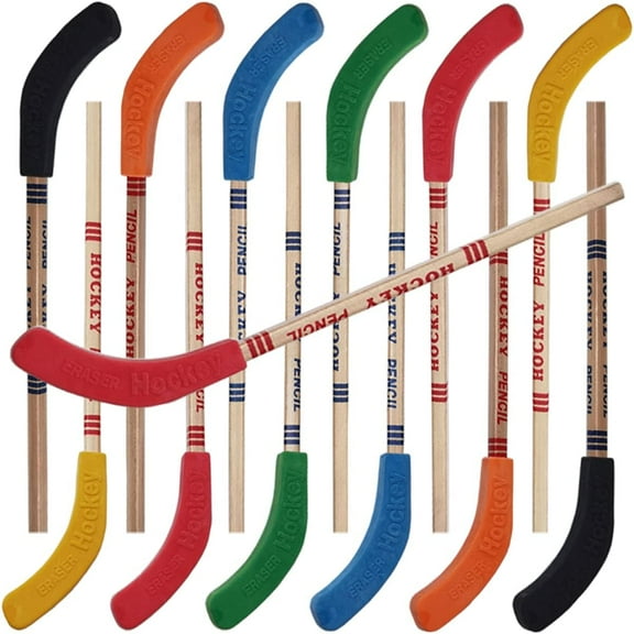 12 - Piece Set of 9 - Inch Hockey - Stick - Themed Pencils with Erasers: Ideal Bulk Party Supplies for Hockey Fans, Students. Perfect as Stocking Stuffers and Goodie Bag Favors for Birthday Parties