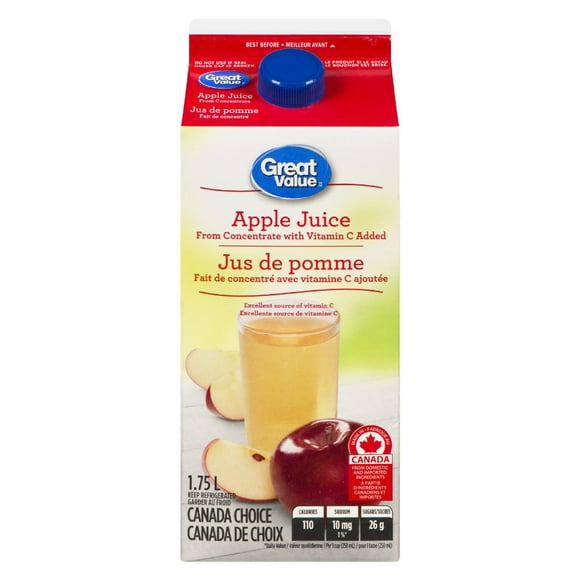 Jus de pomme 100% pur fait de concentré avec vitamine C ajoutée Great Value 1.75L