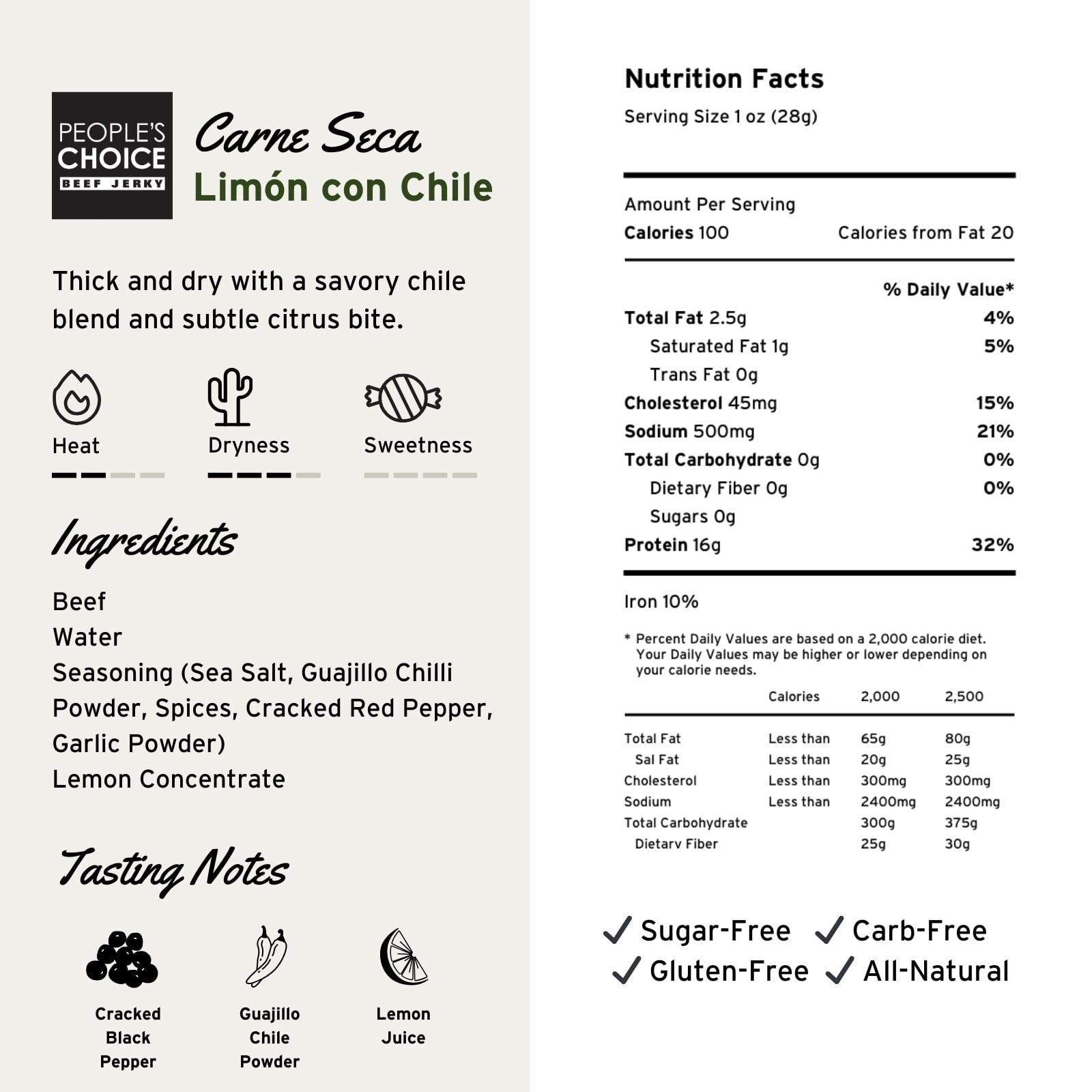 People's Choice Beef Jerky - Carne Seca - Limón Con Chile - Sugar Free, Low Carb - 1 Pound, 1 Bag