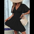 thumbnail image 4 of Vestido Mini de Verano con Escote en V y Mangas con Volantes, Corte A, Cintura Alta Elástica, Holgado y con Vuelo. Negro L, 4 of 9