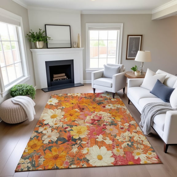 Addison Rugs Mayfield Premium Machine Washable Transitional Floral Orange Rectangle Rug, 10' x 14'