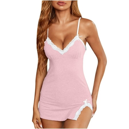 

Lirclo Women Lingerie Sexy Play Crotch Lingerie Lace Snap Bodysuit Mini Teddy Babydoll One Piece Deep V Pink L