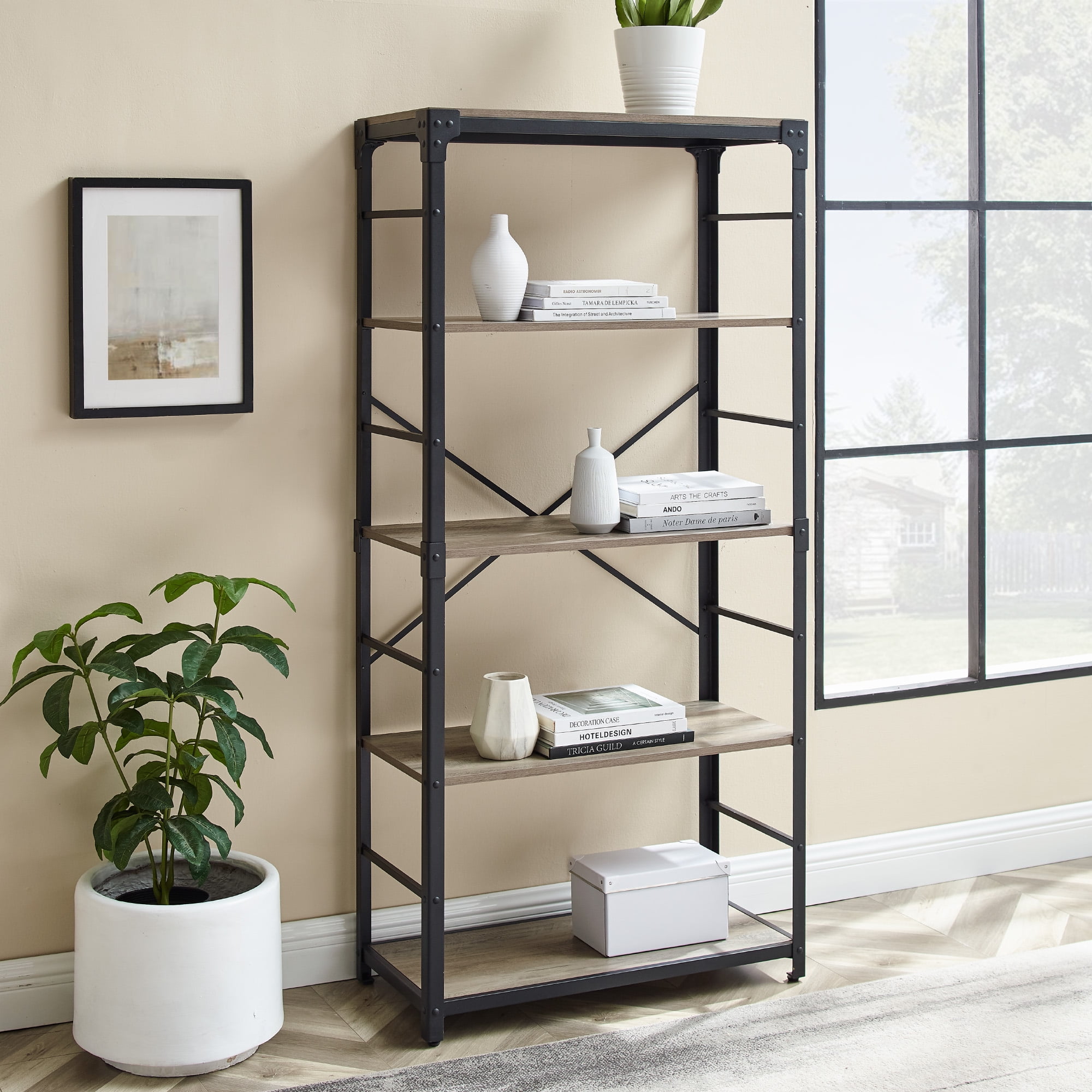 Woven Paths Urban Industrial Angle Iron 4Shelf Bookcase, Grey Wash