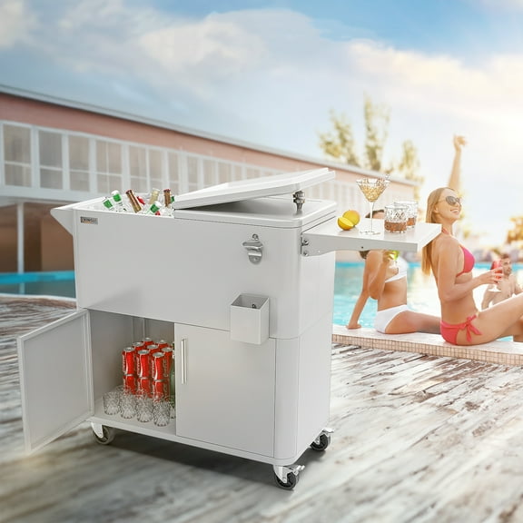 BAYUELSWU 80 Quart Patio Rolling Cooler Cart with Wheels, Square Outdoor Ice Chest with Side Table, Dust-proof Shelf & Bottle Opener Portable for Backyard, Deck, Patio, Poolside (Grey)