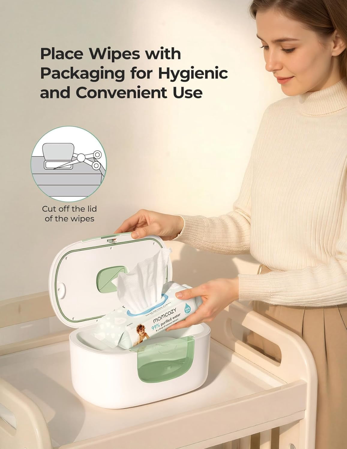 Momcozy New Baby Wipe Warmer, Large Capacity Wipe Dispenser Compatible with 60-80pcs,10-Min Fast Heating,4 Temperature Modes,Innovative Spring Design,Silicone&Top Seals