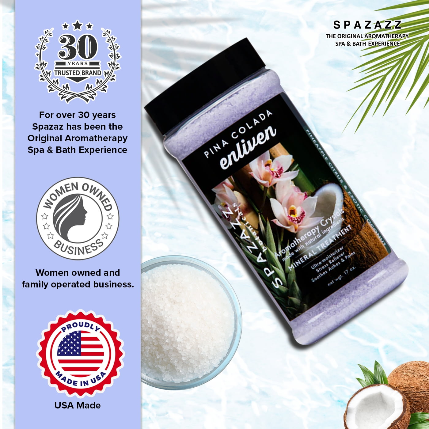 Spazazz Hot Tub Aromatherapy Pina Colada Enliven 2 Pack - 17 oz Each. Crystals and Bath Salts for Hot Tub and Bathtub Spa - Aromatherapy Scented Salts for Relaxation!