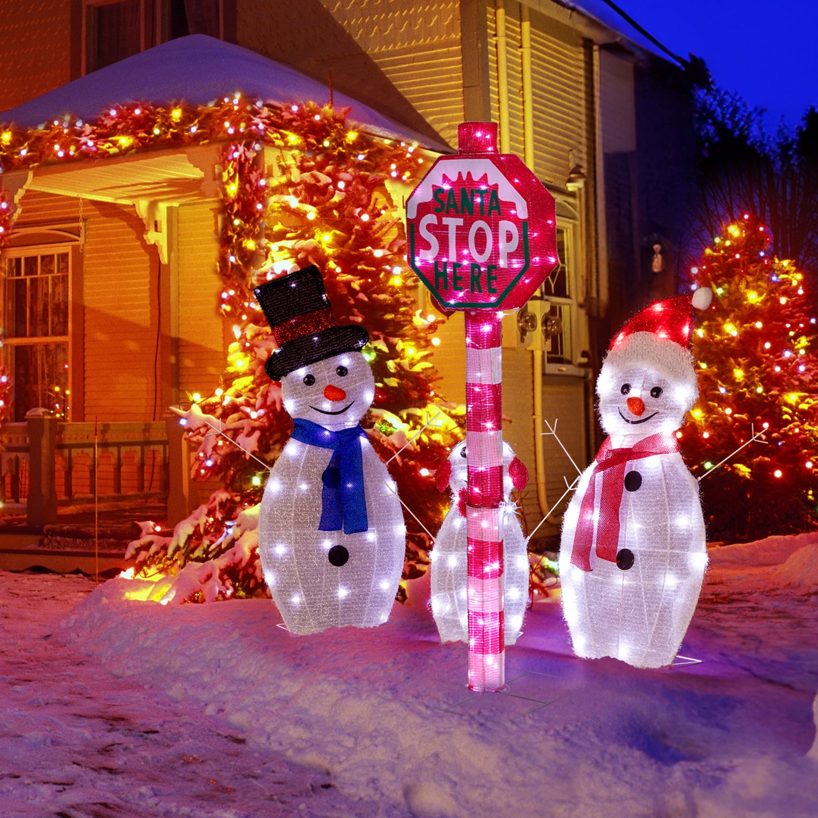 Lighted STOP Sign Christmas Yard Decorations, Pre-lit Road Sign SANTA STOP HERE with 70 LED White Lights and Stakes for Outdoor Indoor Holiday Decor