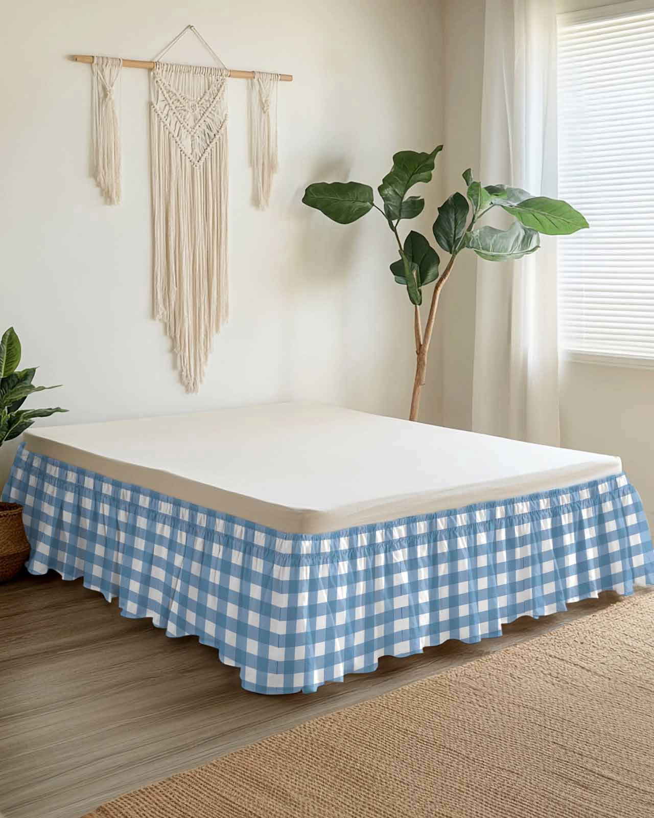 Blue White Plaid Wrap Around Bed Skirts for California King Bed 16" Drop,Bed Skirt with Adjustable Elastic Belt Dust Ruffle Bed Valance Gradient Geometric Buffalo Checkered Bed Frame Cover