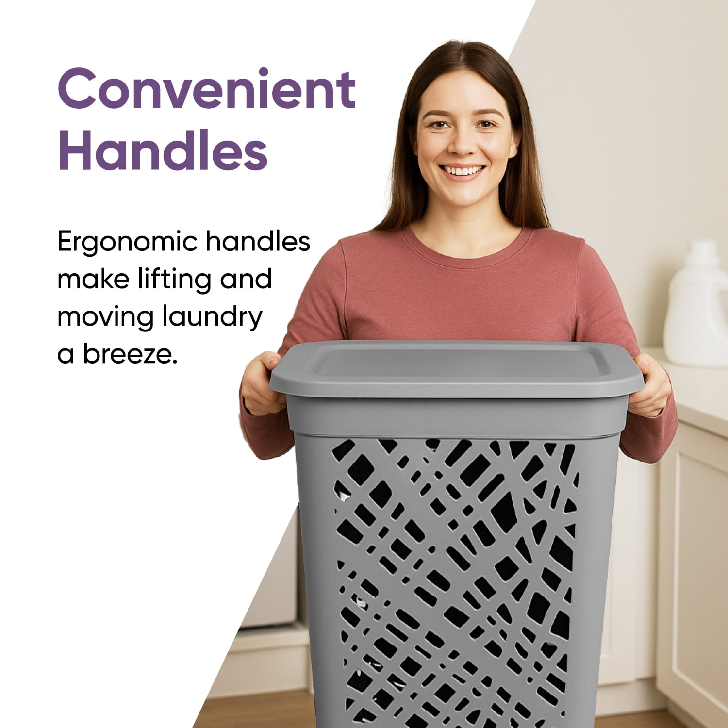 Non-Breakable Mosaic Hamper, 60L -Dark Gray, Elegant Design, Vented Laundry Basket, Made in France