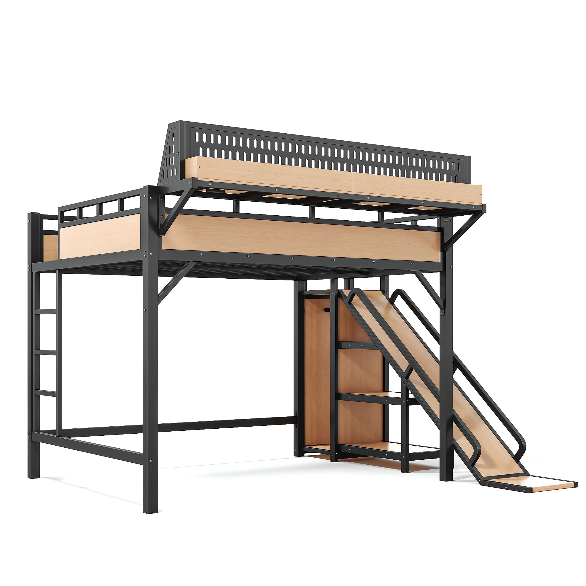Aukfa Queen Loft Bed with Slide, Shelves, Wardrobe, USB Ports & LED Lights, Heavy-Duty Metal Bed Frame for Kids Teens Adults, Natural