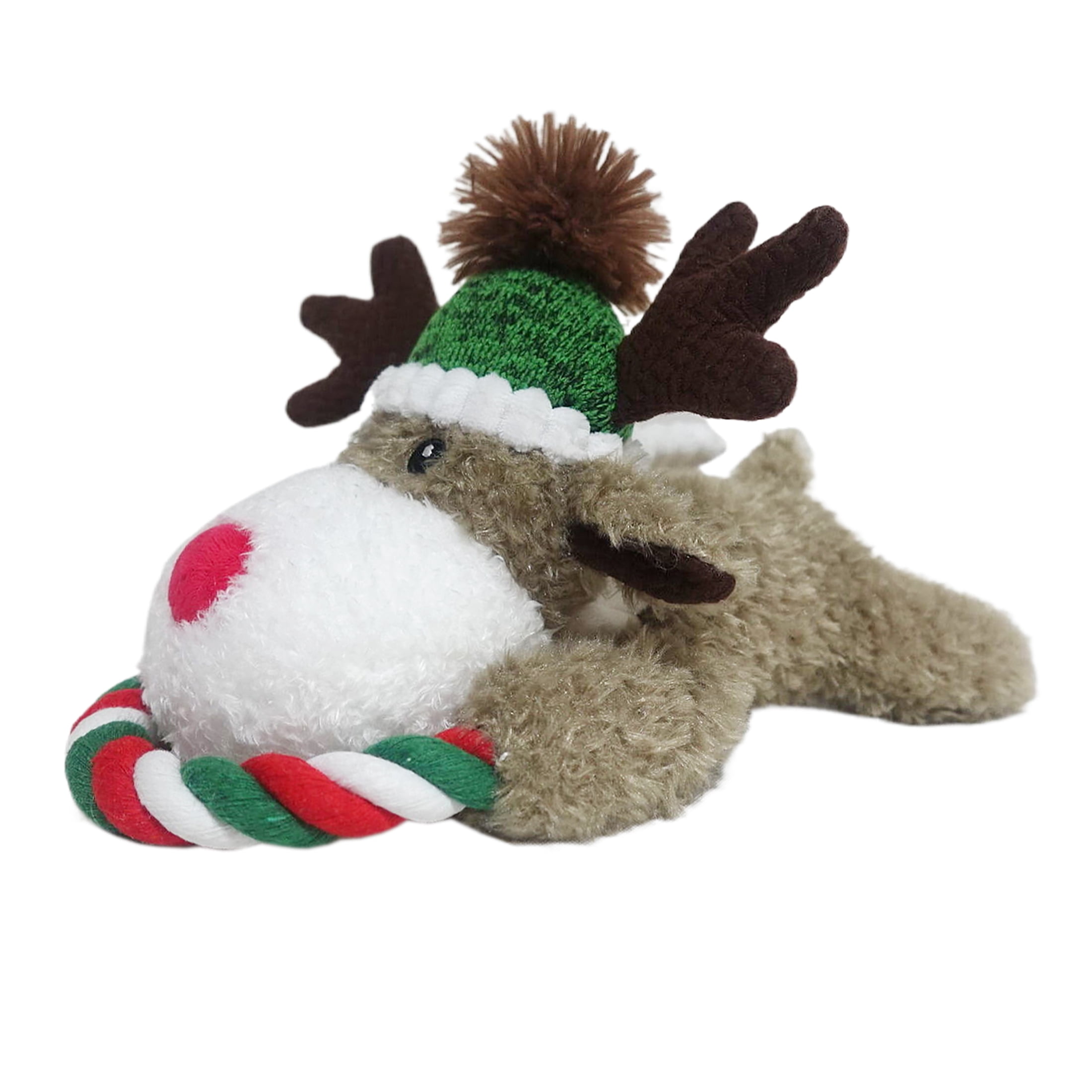 Vibrant Life Holiday Plush Dog Toy with Rope, Reindeer, Brown, Red, and Green, 11"