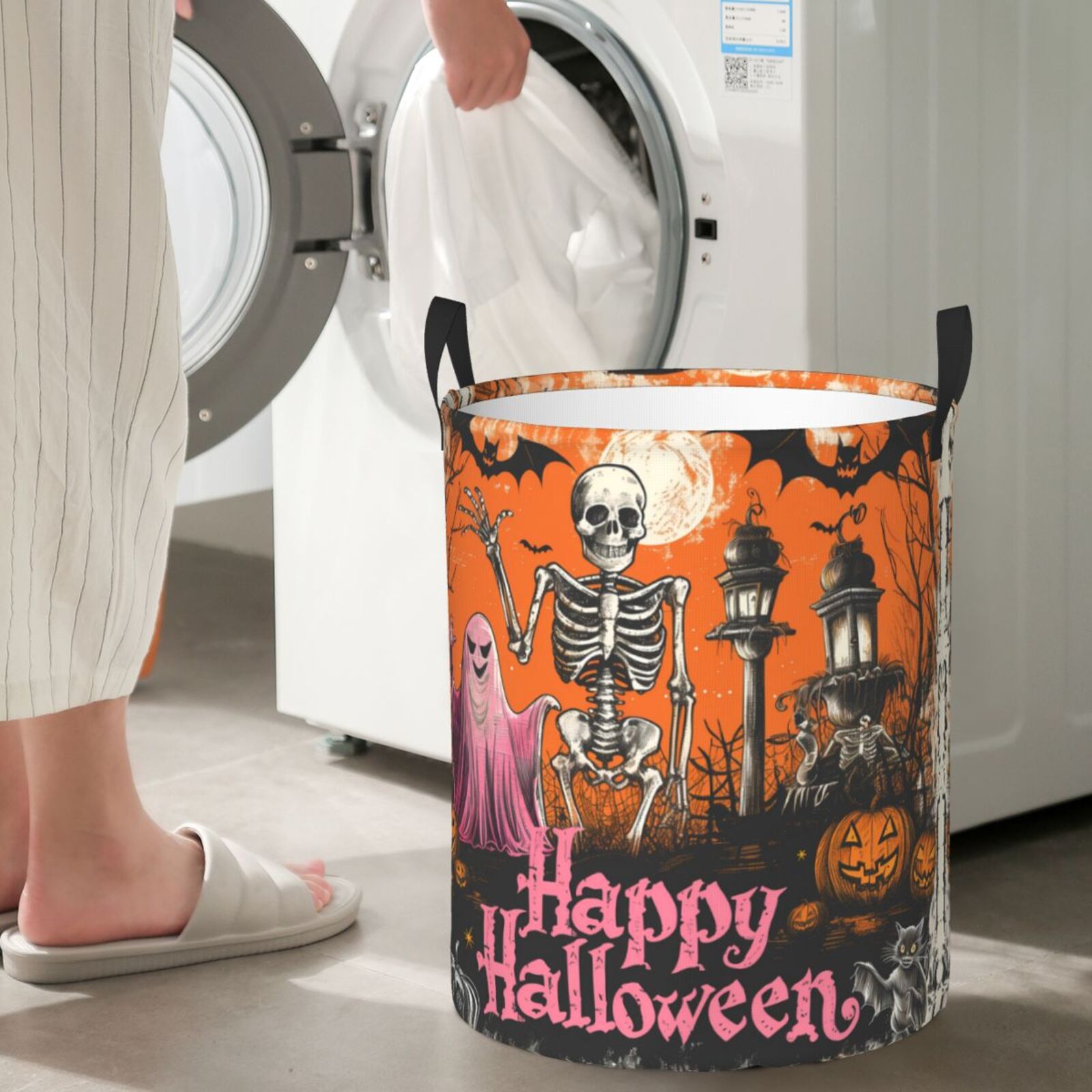 Large Laundry Basket with Handles - Halloween Happy Skull Pink Ghost Kids Baby Dirty Clothes Laundry Hamper for Bedroom Aesthetic