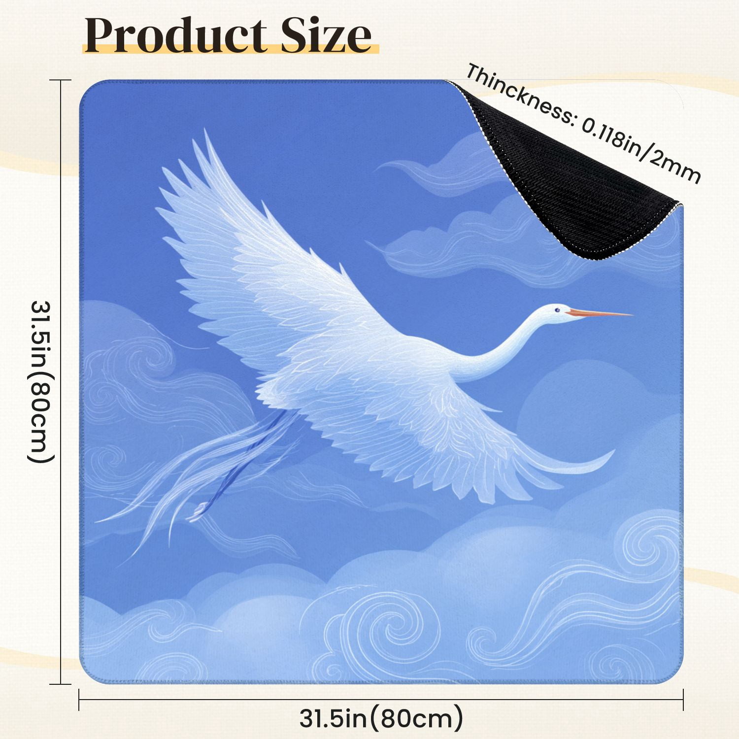 Chinoiserie Mahjong Mat 31.5" x 31.5" Graceful Crane Minimalistic Blue Sky Whimsical Cloud Patterns Non-Slip Noise Reduction Mahjong Tiles Table Cover for Dominoes Poker Card Board and Tile Games