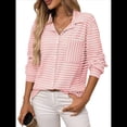 thumbnail image 3 of Camisas de Mujer con Botones, Blusas Clásicas A Rayas de Larga con Cuello y Bolsillo para Oficina. Rosa XL, 3 of 9