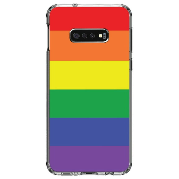 DistinctInk Clear Shockproof Hybrid Case for Samsung Galaxy S10e (5.8" Screen) - TPU Bumper, Acrylic Back, Tempered Glass Screen Protector - Rainbow Stripes Gay Pride - LGBTQ Support