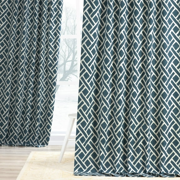 Martinique Blue Printed Cotton Curtain (1 Panel), Martinique Blue, 50W X 108L