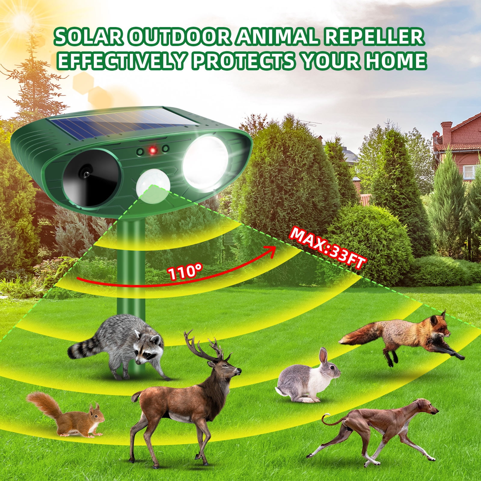 Onemayship Ultrasonic Solar Cat Deterrent Motion Sensor, LED Light Waterproof Outdoor Animal Repellent (2 Pack)