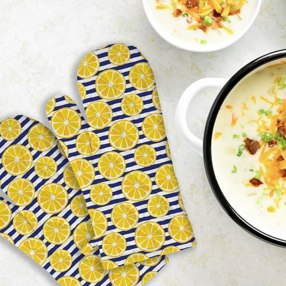 Set of 2 Lemons On Blue Oven Mitts by Ashton