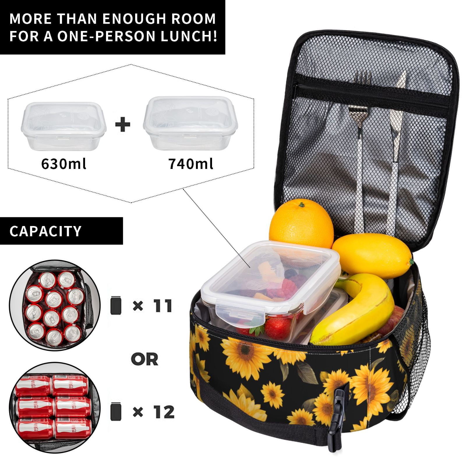 Lunch Bag For Women Men Insulated Portable Lunch Box Bento Box Office Picnic Travel Cooler Bag Yellow Sunflowers Black Background