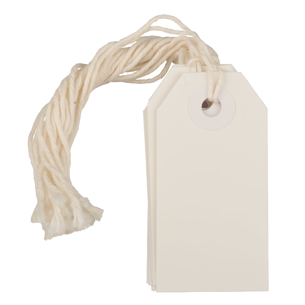 JAM Paper Gift Tags with String, White, 100/Pack, Tiny, 2 3/4 x 1 3/8
