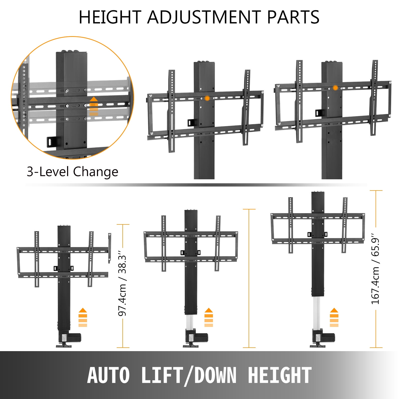 VEVORbrand Motorized TV Lift Mount 38-65" Height Adjustable, 28" Stroke Length, Fit for Max.50" TV Lift with Long-Distance Regulator, Load Capacity 132 lbs
