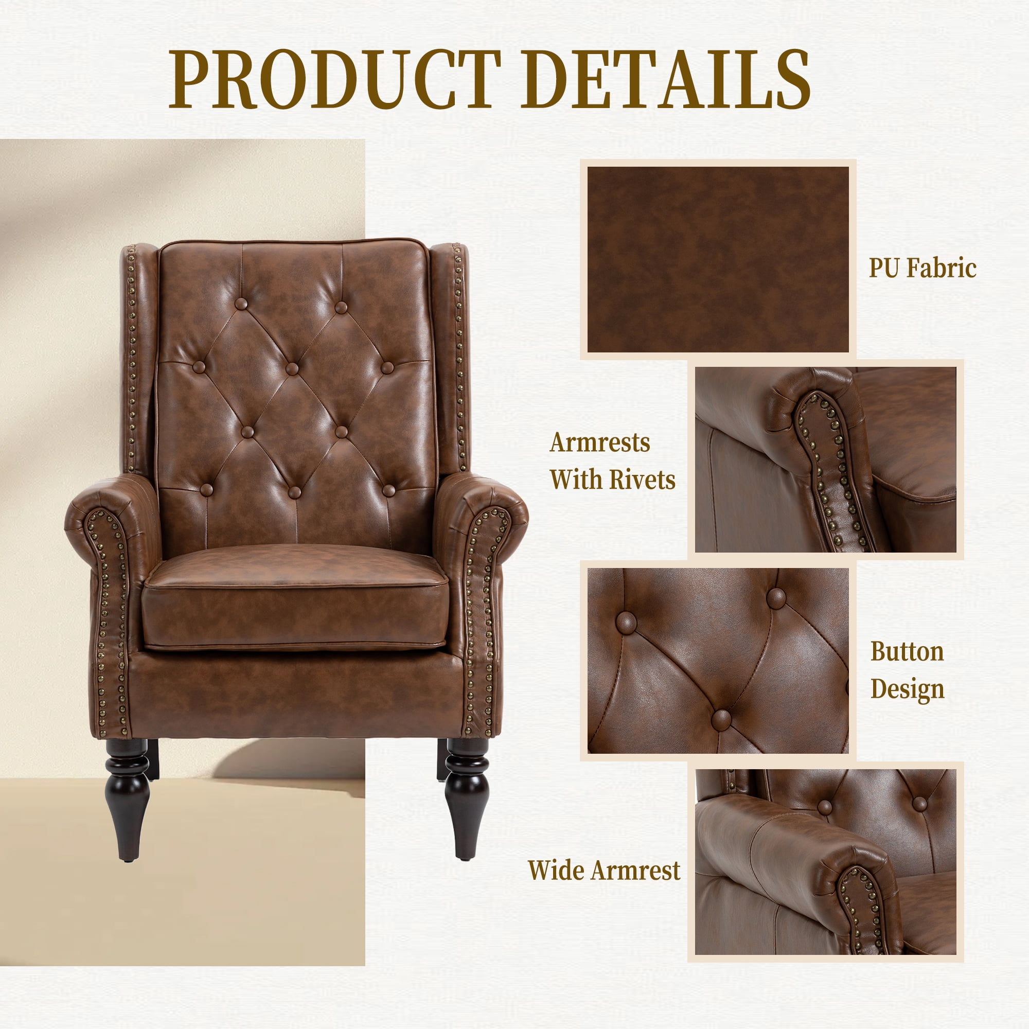 MOONMISS Mid Century Chair PU Leather Accent Armchair Tufted Button Back Rivet Trim Ergonomic Design Modern Living Room Bedroom Home Office Seating Furniture