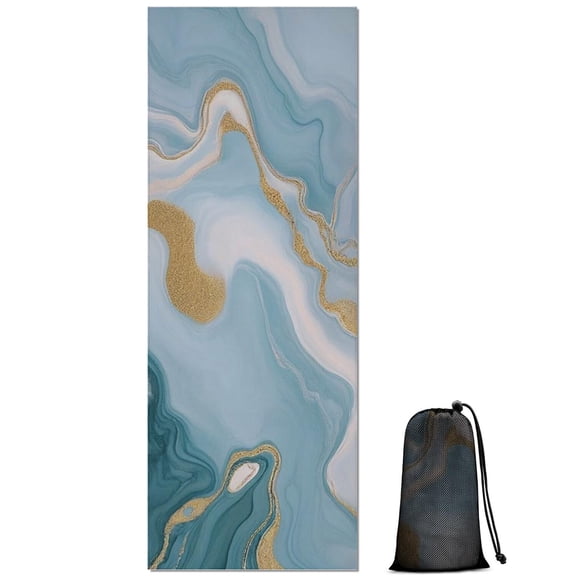 Blue Marble Gold Wave Pattern Hot Yoga Mat Towel Non Slip for Hot Yoga - Quick-Drying Yoga Mat Cover with 4 Corner Pockets with Travel Bag - Hot Yoga Towel Non Slip 70"x26"