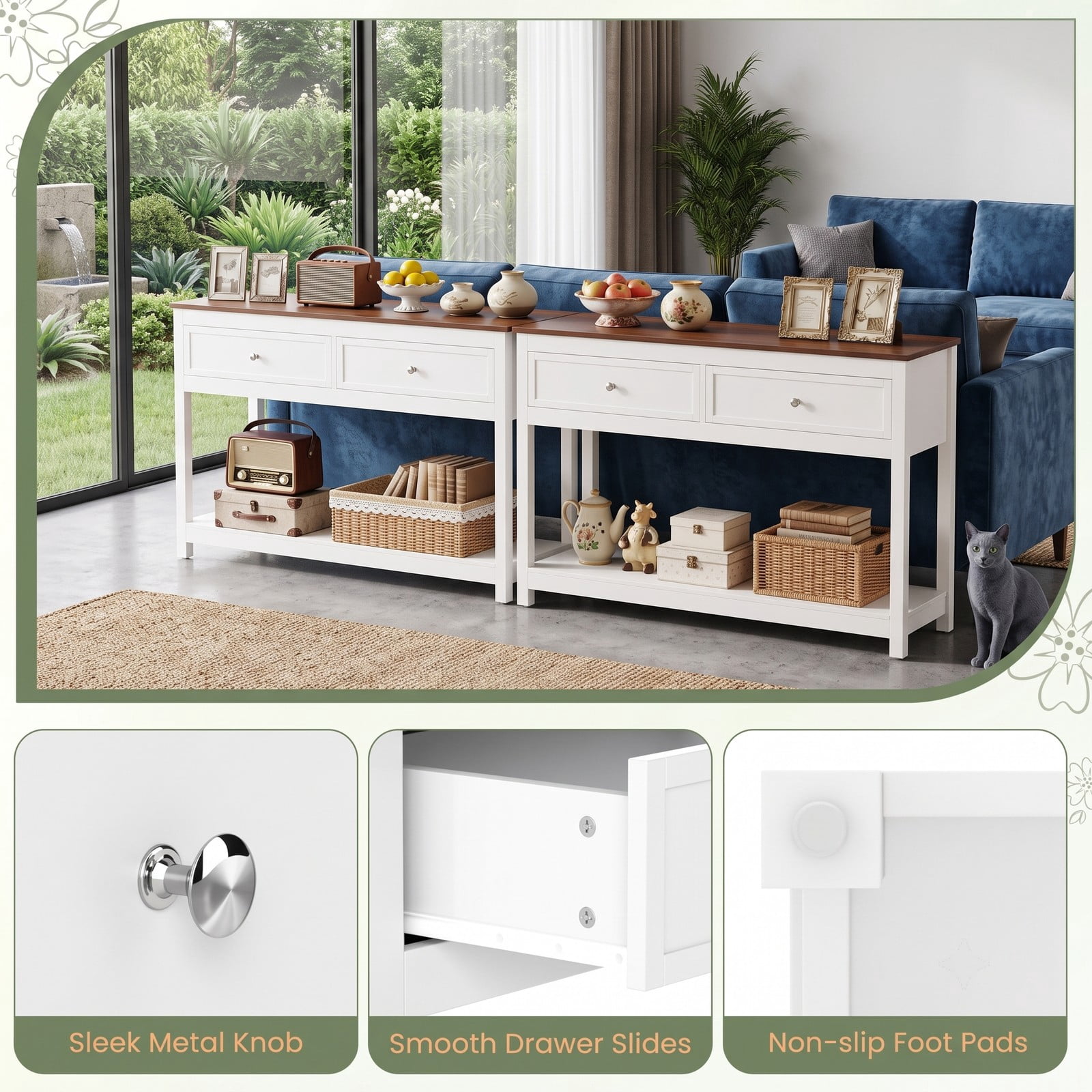 Furnibear Farmhouse Console Table with 2 Drawers and Open Storage Shelf and Two-Tone Wood Top for Entryway and Hallway, White