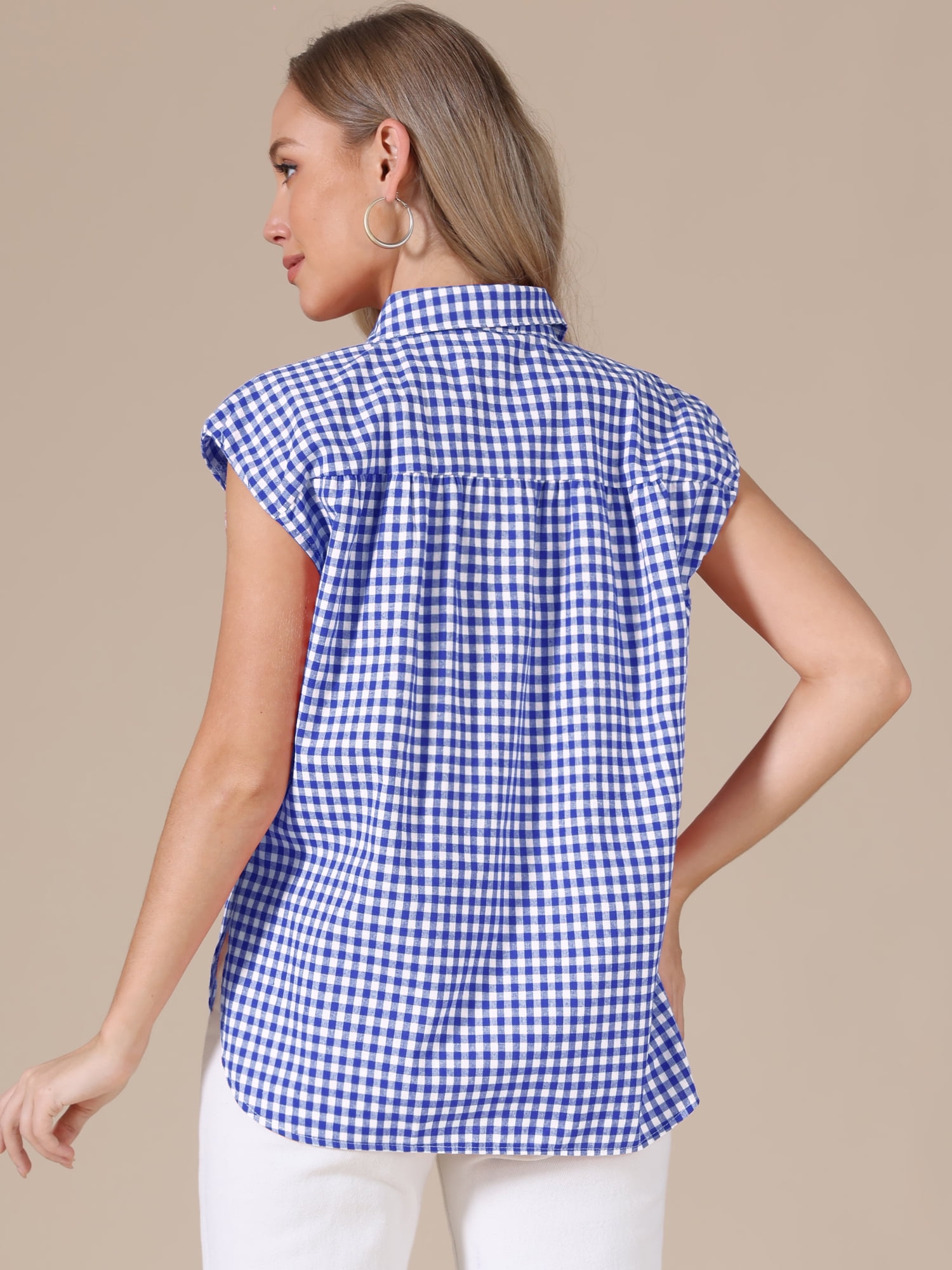 DARING DIVA Women's Gingham Top Work Cap Sleeve Vintage Plaid Button Down Shirts M Blue