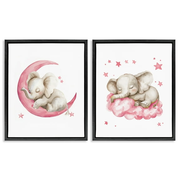 Stupell Industries Pink Sleepy Elephant Animals Painting Black Floater Framed Canvas Art Print Wall Art, 17 x 21, Set of 2